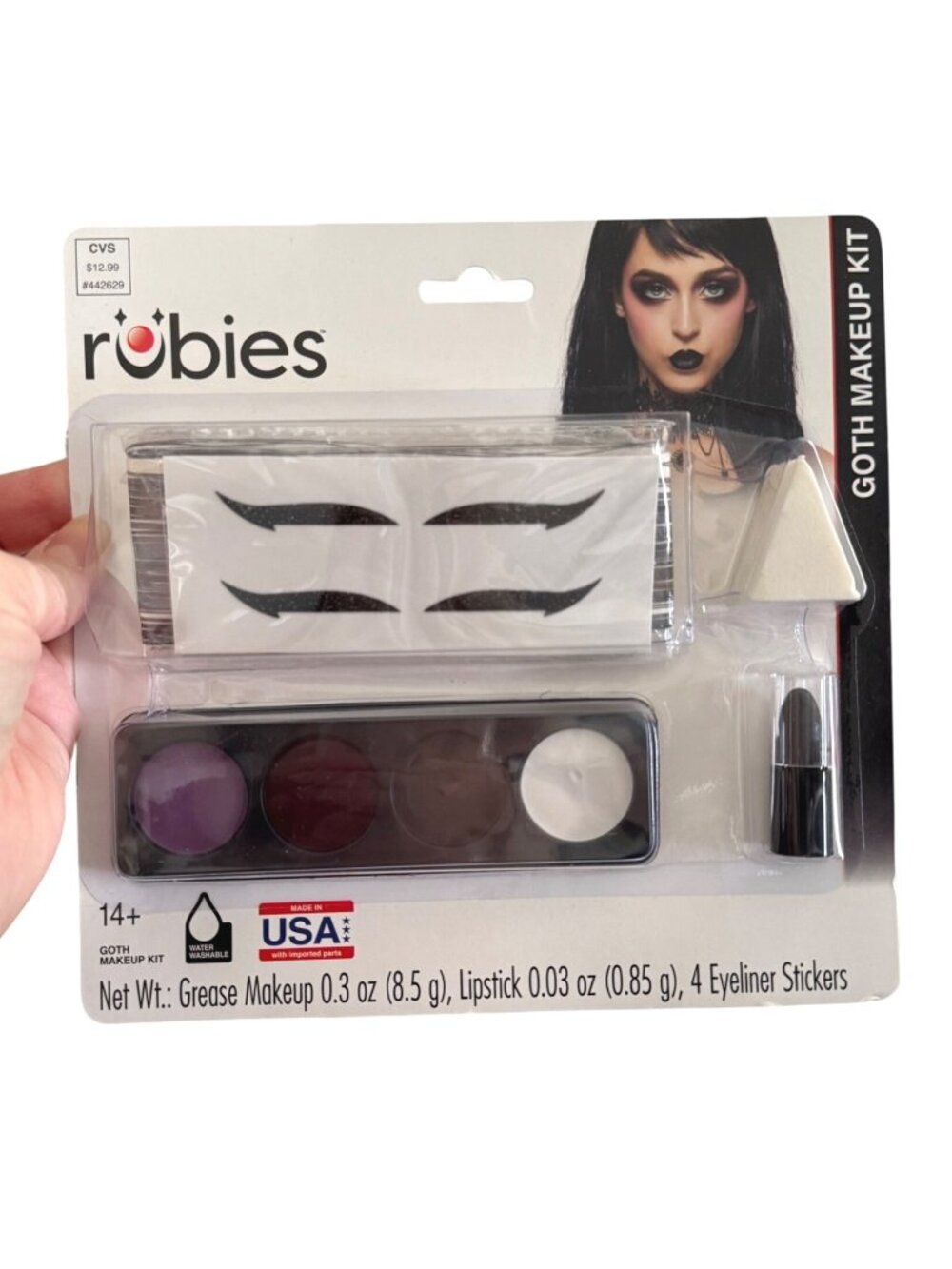 Rubies Goth Makeup Kit Grease Makeup Black Lipstick -Eyeliner Stickers
